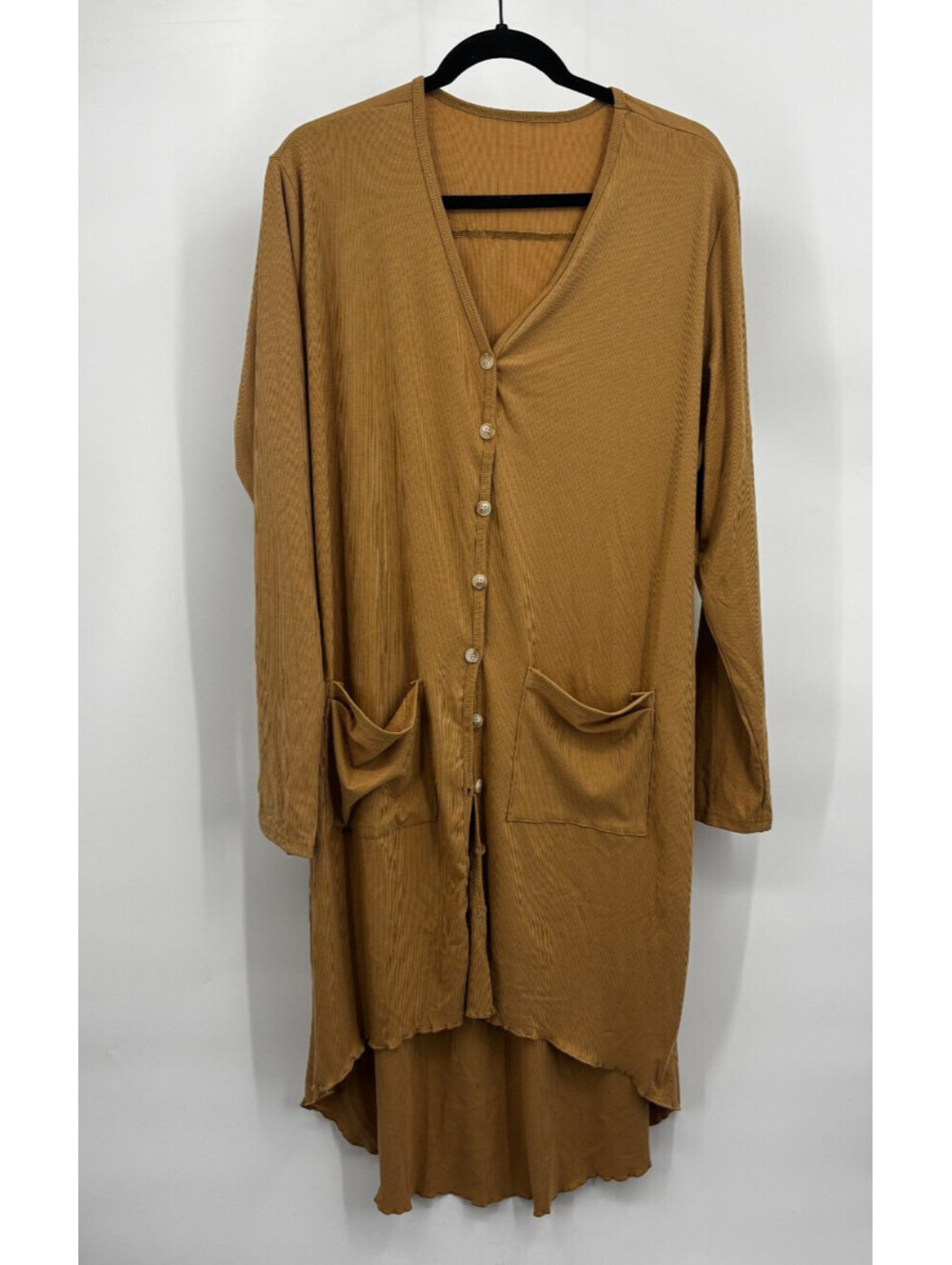 Womens Longline Cardigan Camel Brown Ribbed Knit High Low Pocketed Button Sz 2XL
